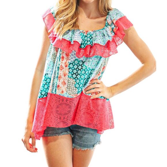 SUGARFOX Coral Ethnic Print Lace Ruffle Hem Top 1XL Women’s PLUS - Picture 12 of 16